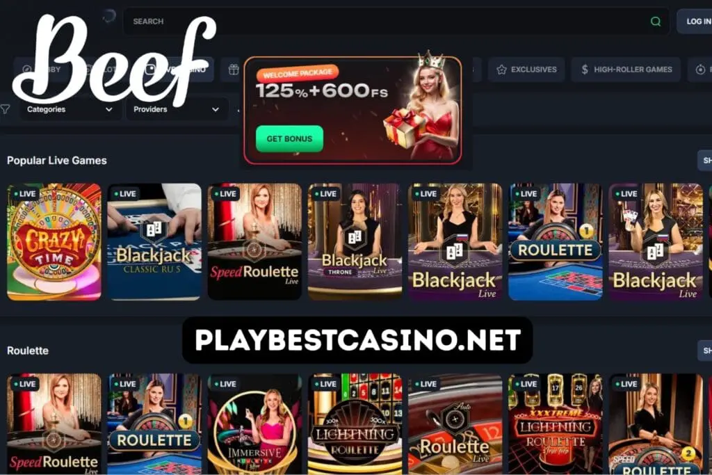 Live casino at Beef Casino featuring roulette, blackjack and Crazy Time tables.