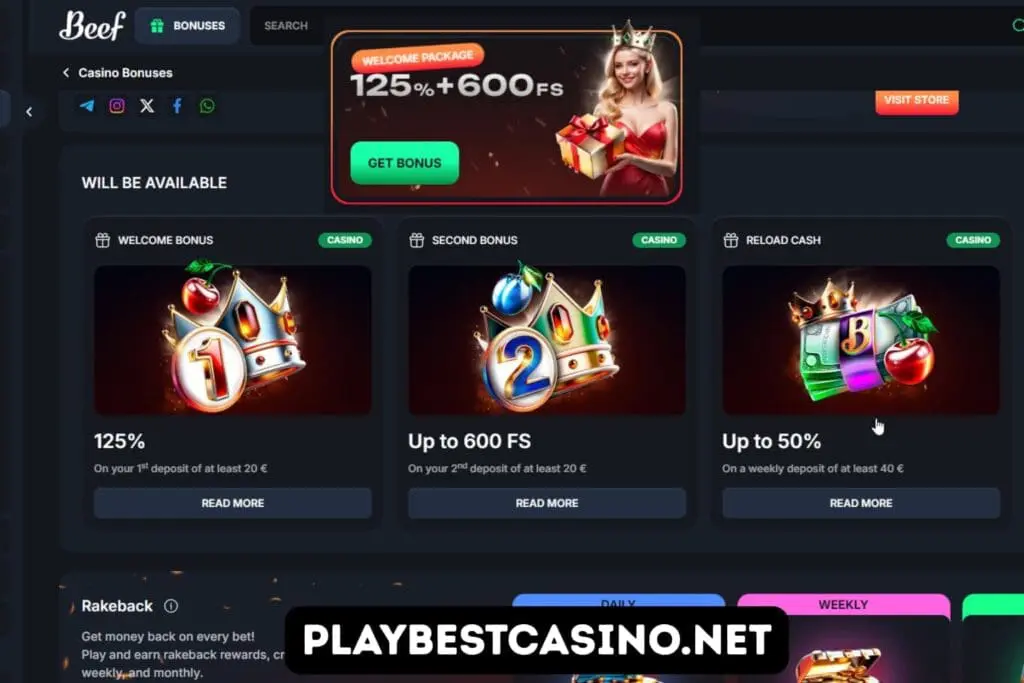 Beef Casino bonuses page showing first deposit 125%, up to 600 FS and weekly cashback.