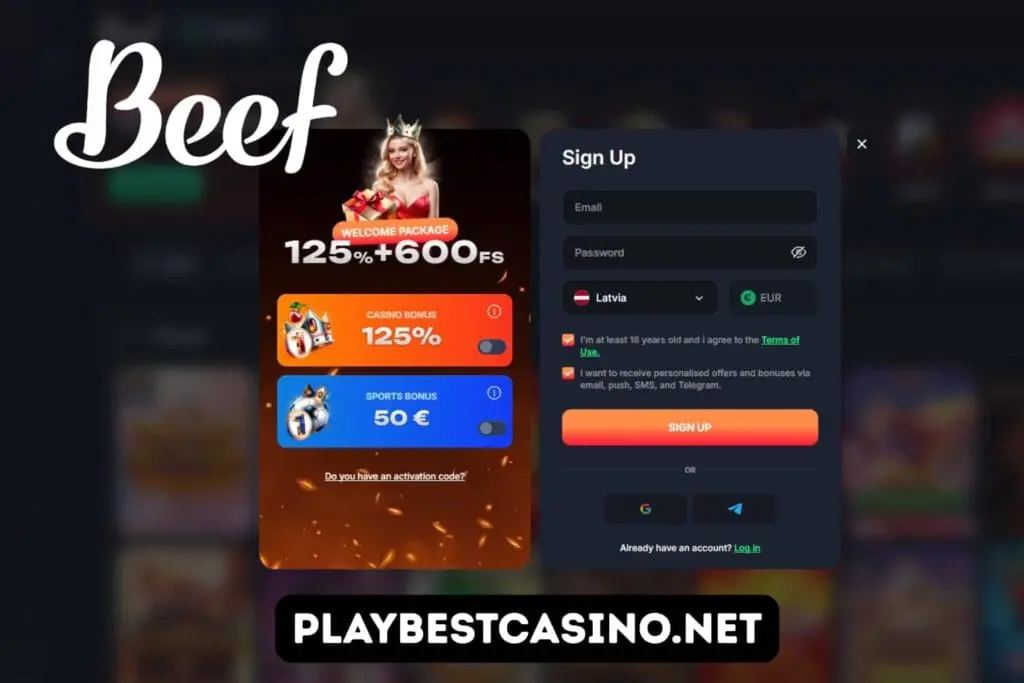 Beef Casino registration form with country selector, EUR currency and sign-up bonus.