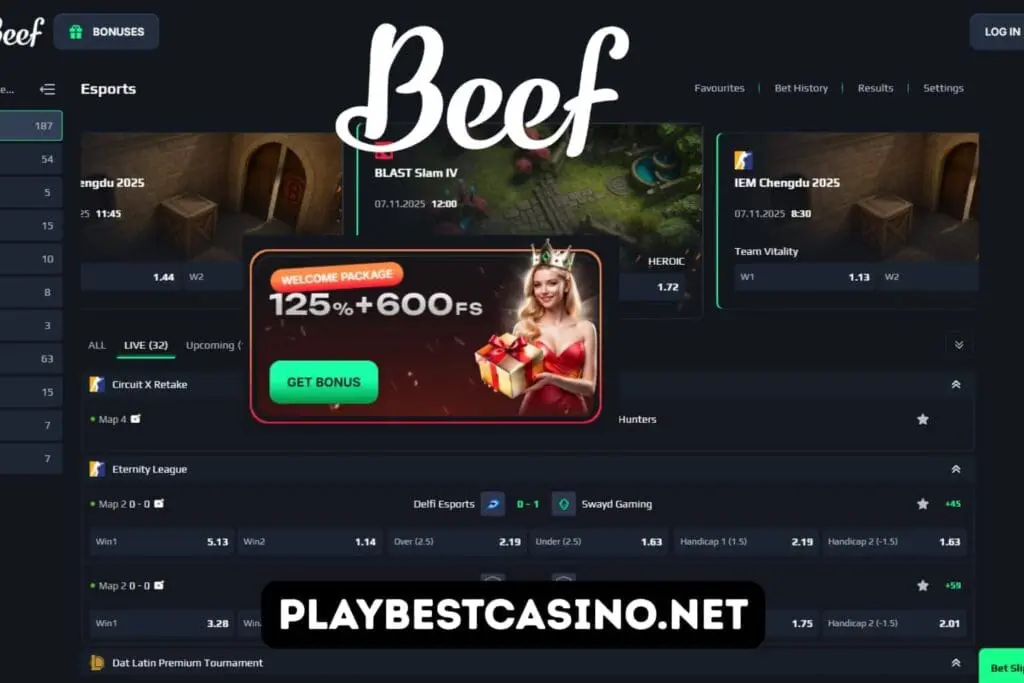 Beef Casino welcome package banner offering 125% + 600 free spins.