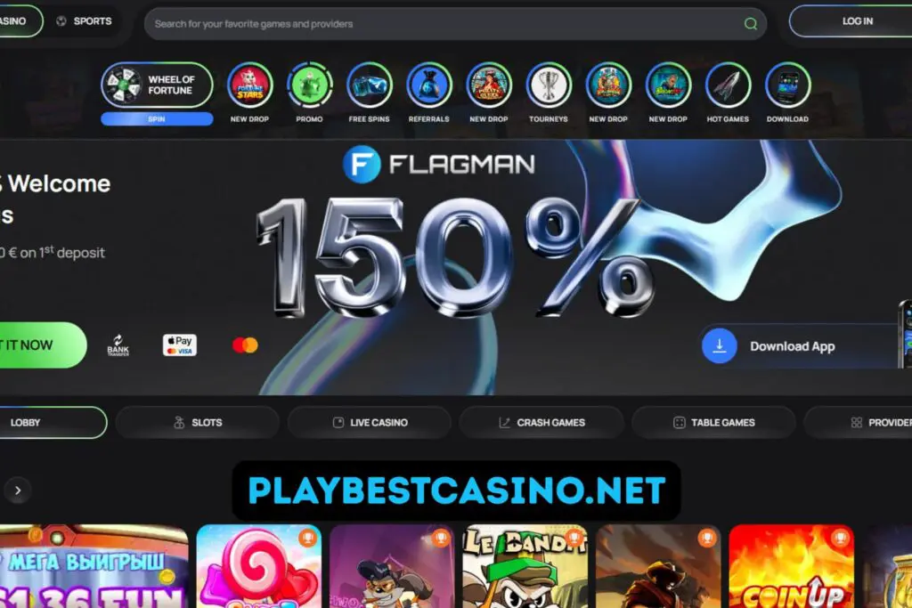 A promotional banner for the Flagman Casino 150% first deposit welcome bonus, featuring the casino's main game categories.