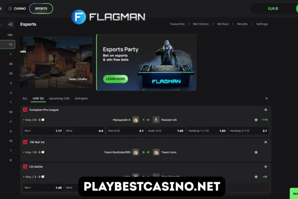 The Esports betting platform at Flagman Casino, showing live matches, odds, and an "Esports Party" promotion.