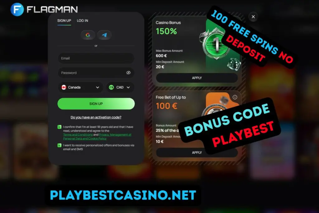 Flagman Casino registration form highlighting the 100 Free Spins No Deposit bonus code PLAYBEST for playbestcasino.net.