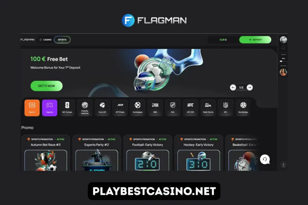 The Flagman Casino sportsbook offering a 100 Euro Free Bet welcome bonus and showing various sports markets like NBA, UFC, and ATP.