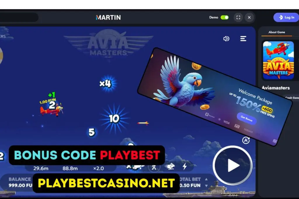 Aviamasters crash game at Martin Casino with welcome offer 150% + 600 Free Spins — bonus code PLAYBEST