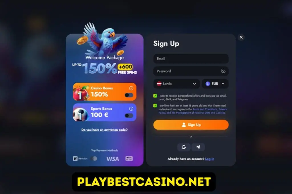 Martin Casino sign-up screen with Welcome Package up to 150% + 600 Free Spins for new players
