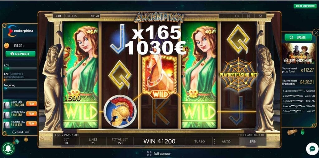 It slot Ancient Troy (Nij út Endorphina) en in foarbyld fan in grutte winst yn in online casino is op 'e foto.