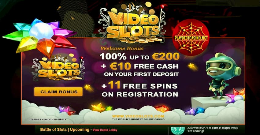 Videoslots Casino: 100% Bonus + 11 Spins Without Wager as a Gift in the photo.