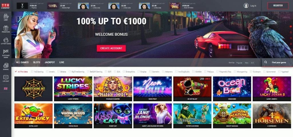 TTR Casino main page can be seen in this image.
