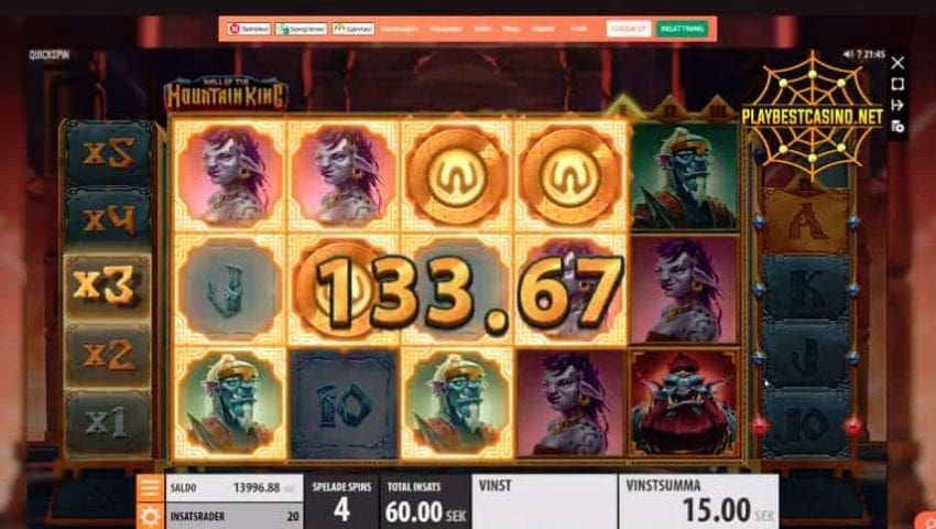 Trò chơi có thưởng trong máy đánh bạc Hall of the Mountain King từ Quickspin trên bức tranh.