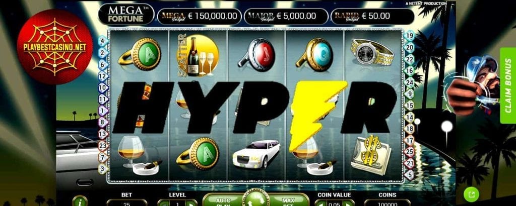 Hyper Šiame paveikslėlyje pavaizduotas „Mega Fortune“ kazino jackpot žaidimas.
