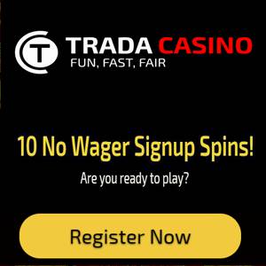 Trada casino no deposit bonus (10 free spins in Book of Dead) can be seen in this image.
