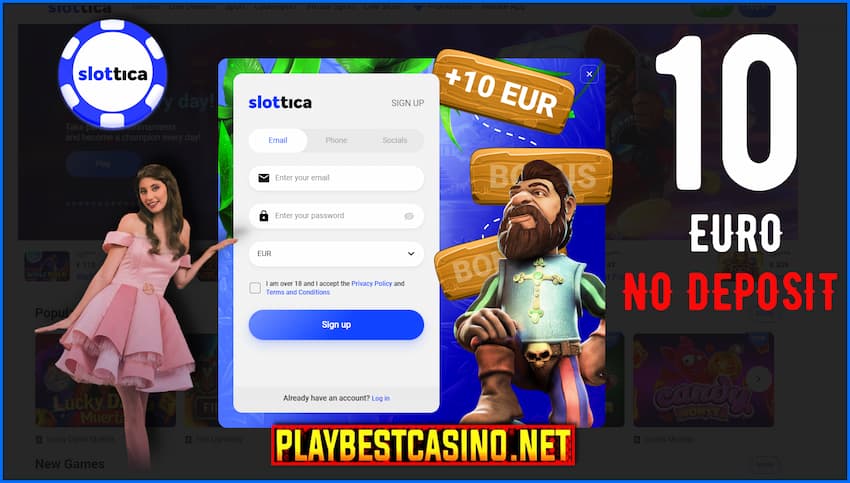 Бесплатный денежный бонус 10 евро без депозита за регистрацию в казино Slottica 2023 на фото.