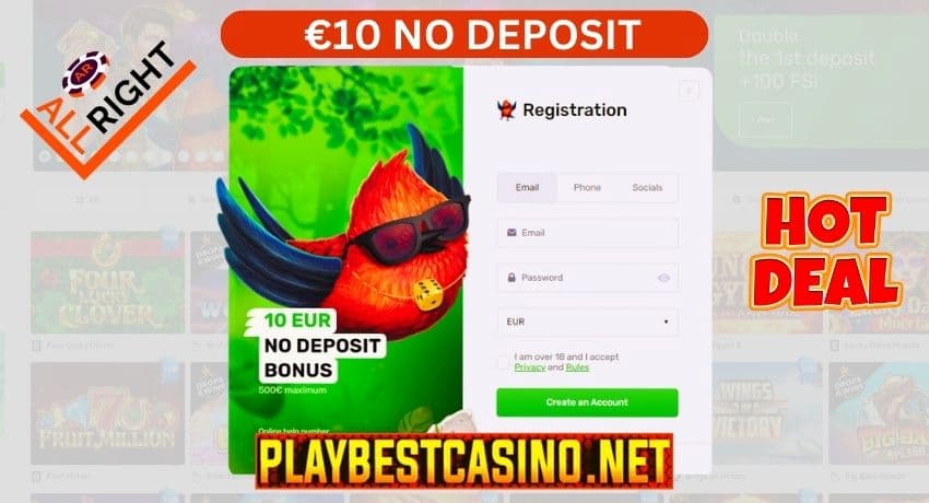 Бесплатный Денежный Бонус 10 Евро без депозита в казино All Right 2023 на фото.
