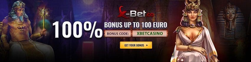 X-bet.co o casino e o 100% de bonos para os xogadores móstranse na imaxe.