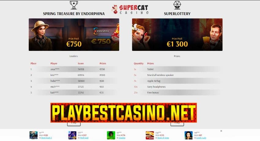 Акции. бонусы и турниры в казино Super Cat на фото.