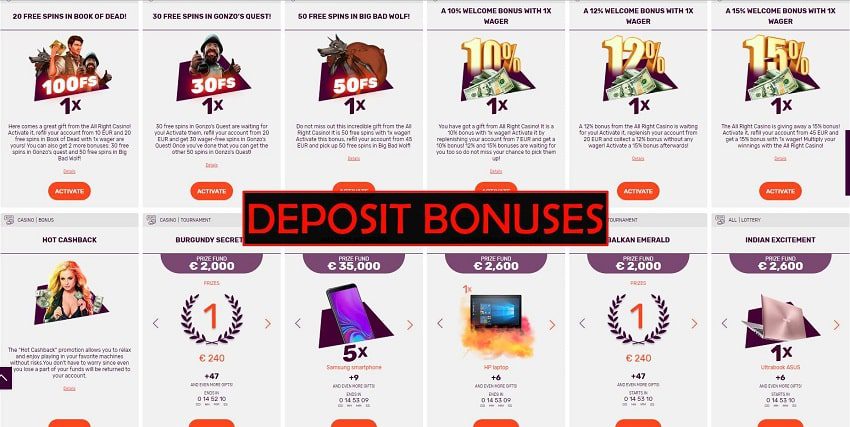 Casino depozitni bonus All Right za spletno mesto playbestcasino.net prikazano na fotografiji.