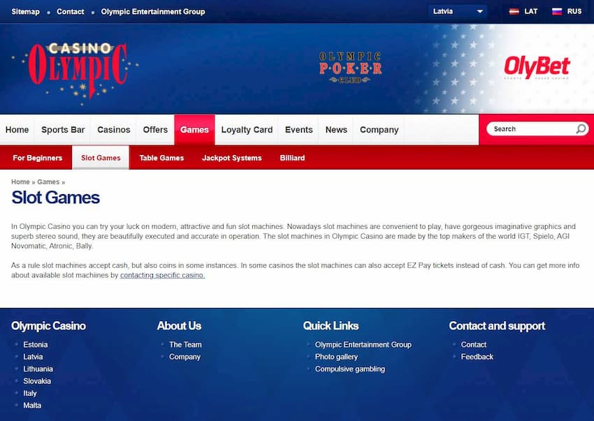 O sitio web do casino olímpico na versión en liña móstrase na foto.