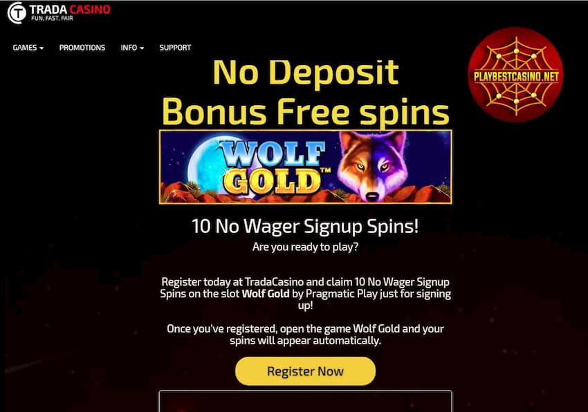 10 Бесплатных Вращений (Играть без Депозита) за Регистрацию в игре Wolf Gold (Pragmatic Play) в TRADA CASINO есть на Фото.