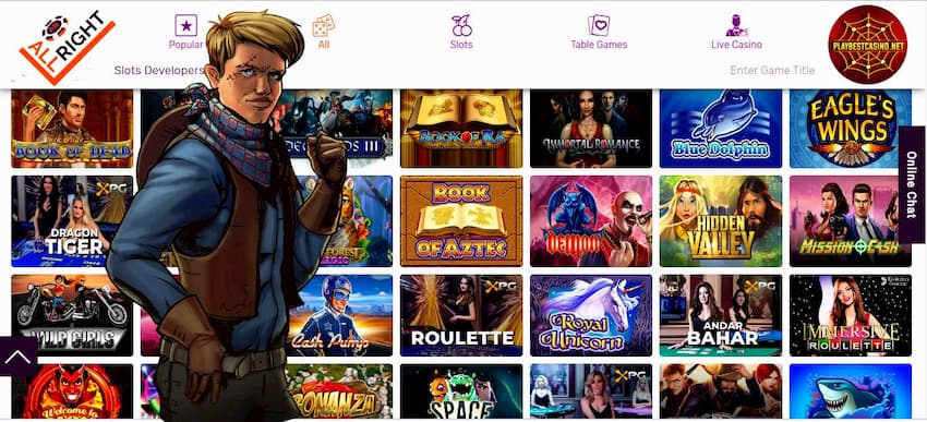 Games and Providers at the All Right Online Casino can be seen in this image.