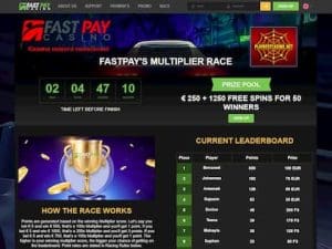 Fastpay-casino.com: Weekly Multiplication Race! (€ 250 + 1250FS) is visible in the photo.