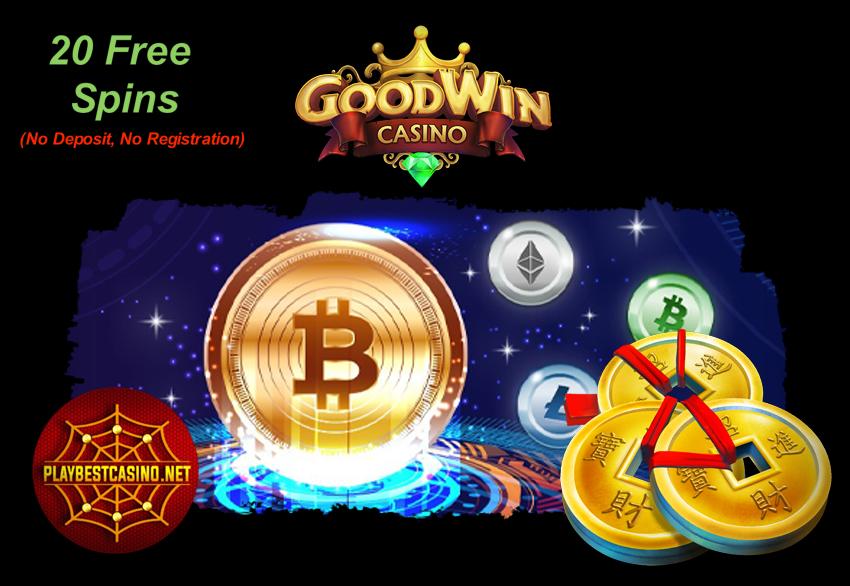 20 gratis spins zonder storting en cryptocurrency in het casino Goodwin zichtbaar op de foto.