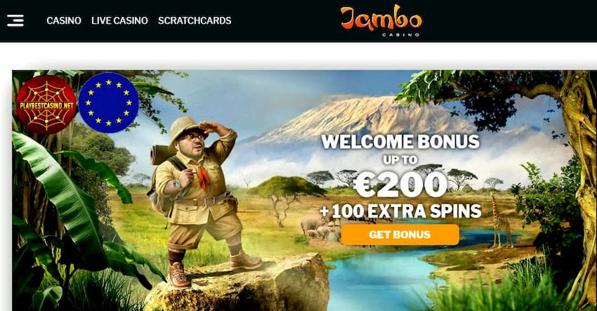 Velkomstbonusen i Jambo Casino kan sees på dette bildet.