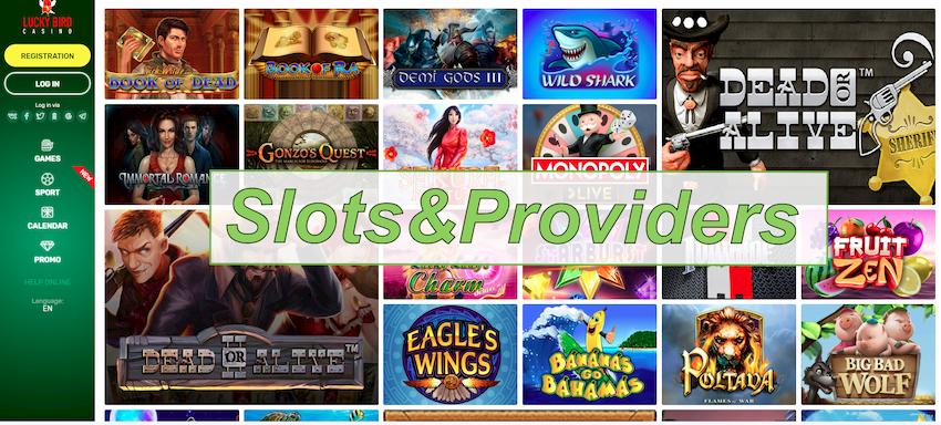 The slots and providers at Lucky Bird Casino are pictured.
