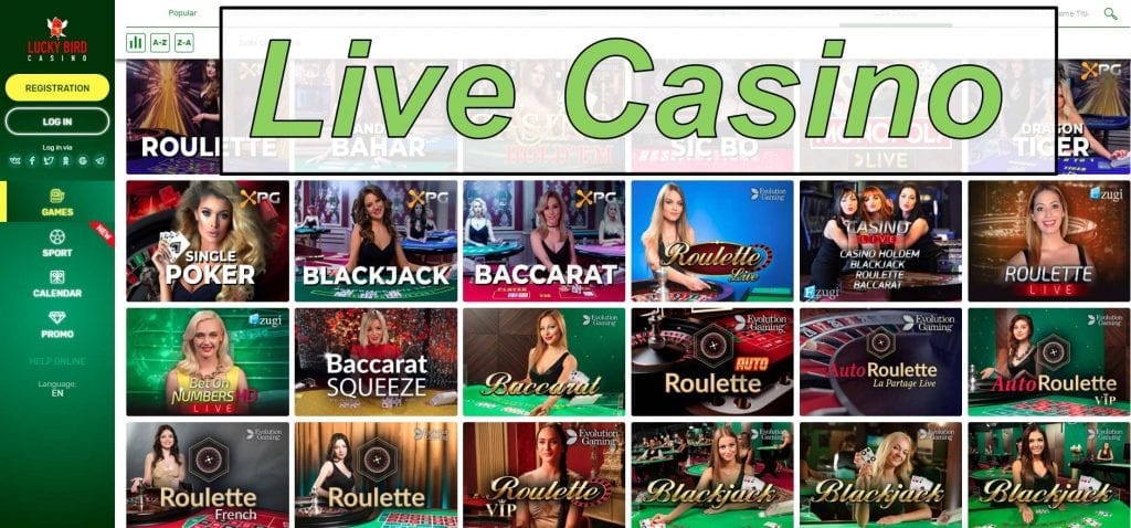 Casino en directo e colección de xogos no Lucky Bird presentado nesta imaxe.