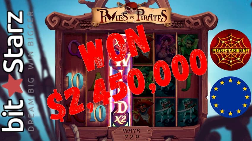 Gajnante $ 2,450,000 en la fendo "Pixies vs Pirates" de la provizanto Nolimit City al la kazino Bitstarz montrata en la foto.