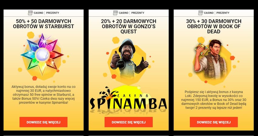 Casyno Spinamba i bonws 50 darmowych spinów dla Playbestcasino.net jest na zdjęciu.