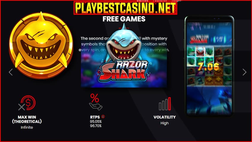 100 Бесплатных вращений без депозита в казино Vavada в слоте Razor Shark от провайдера Push Gaming на фото.