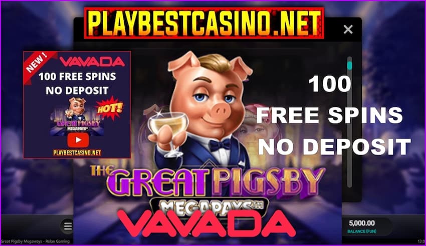 100 бесплатных вращений без депозита в новой игре The Great Pigsby Megapays в лучшем казино Vavada на фото.