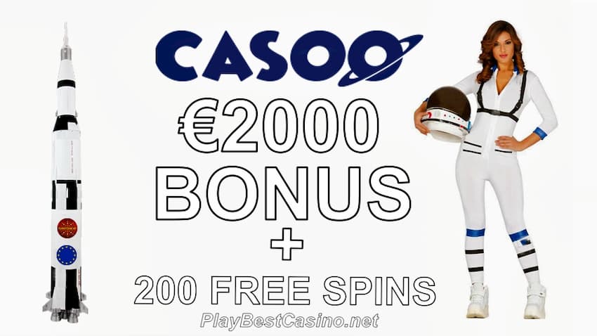 Casoo Casino €2000 Welcome Bonus and 200 free spins can be seen on this image.