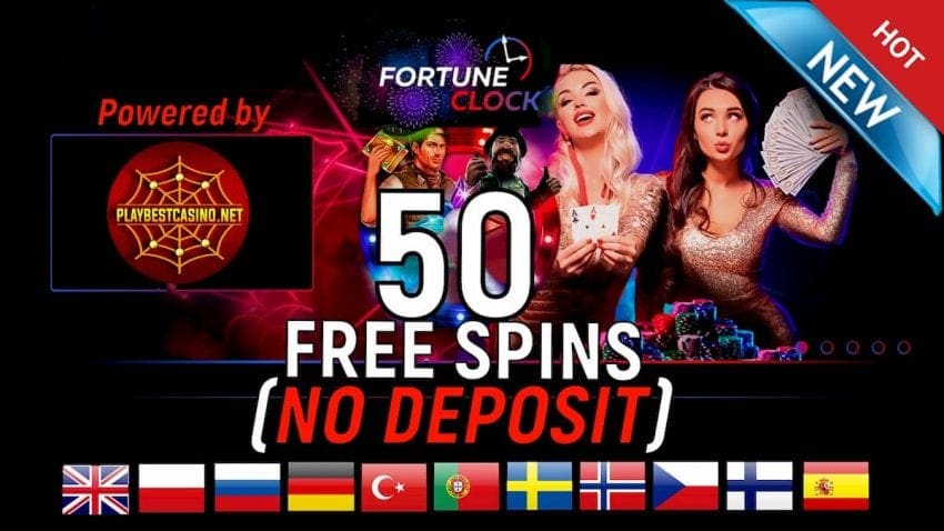 Casino Review Fortune Clock and 50 Free Spins No Deposit are shown in the photo.