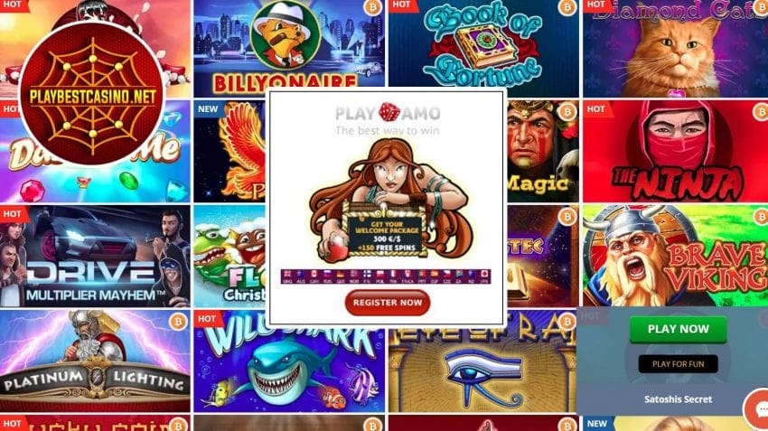 Apero kaj interfaco de la retejo Playamo kripta kazino 2024 estas en la foto.