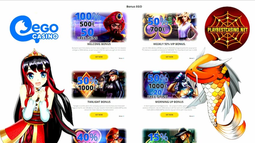 Бонусы для игроков казино Ego для сайта Playbestcasino.net на фото.