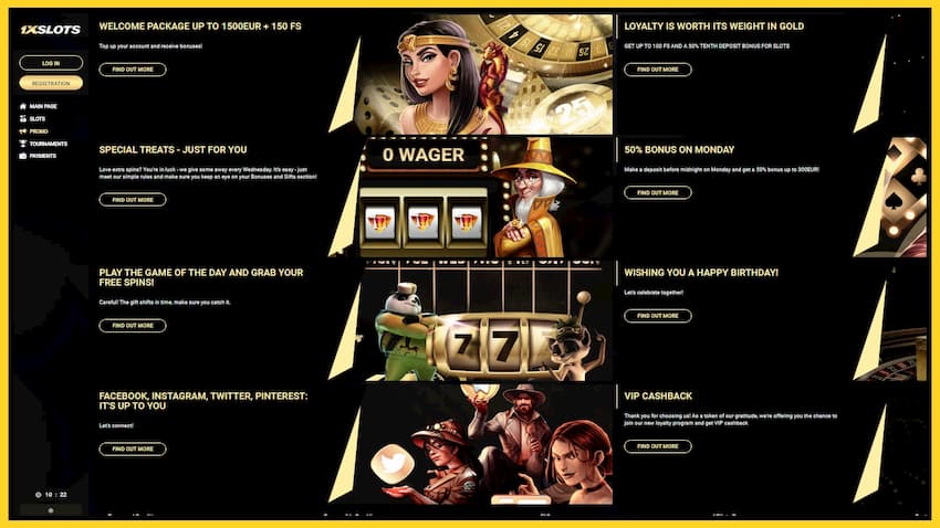 Специальные предложения, бонусы и бесплатные вращения без депозита в 1xSlots Casino на фото.