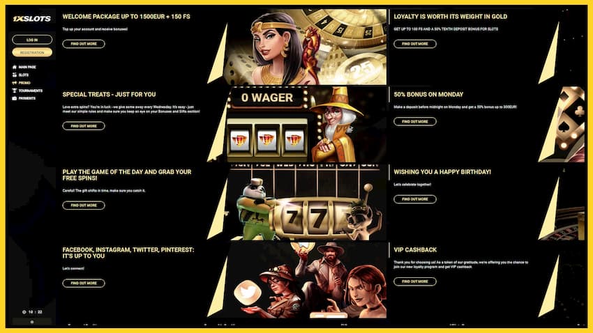 Tawaran istimewa, bonus dan putaran percuma tanpa deposit di 1xSlots Kasino dalam foto.