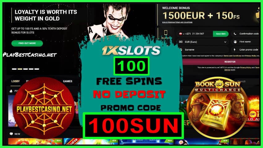 Large selection of slots with free spins no deposit at the casino 1xSlots on the picture.