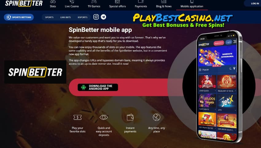 Установи приложение и играй в мобильном казино SpinBetter на этом снимке.