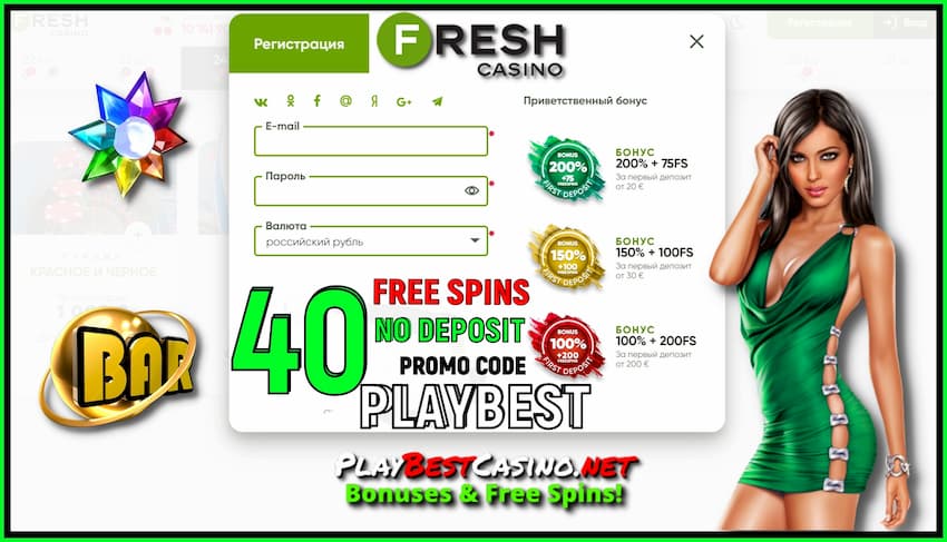 Review Fresh Casino 2024 and 40 Spins No Deposit are in the picture.