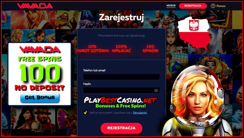 100 darmowych spinów do rejestracji dla polskich graczy w kasynie VAVADA na zdjęciu.