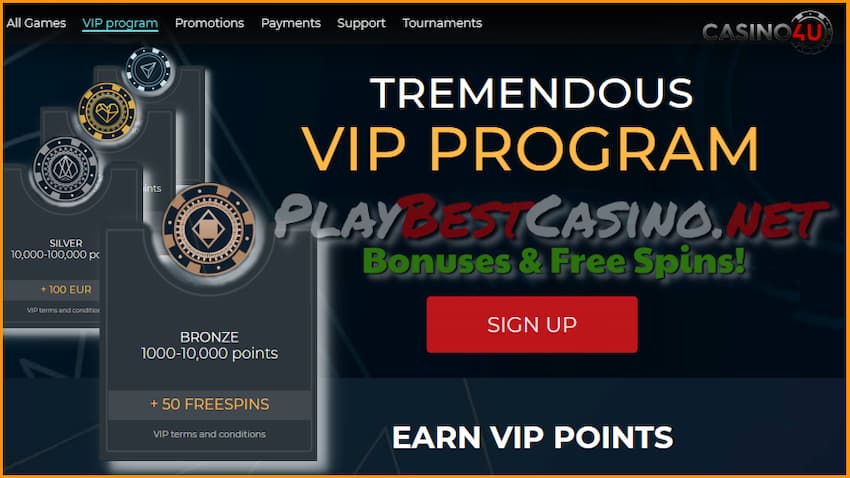 Бонусы на депозит в Casino4U на портале PlayBestCasino.net есть на фото.