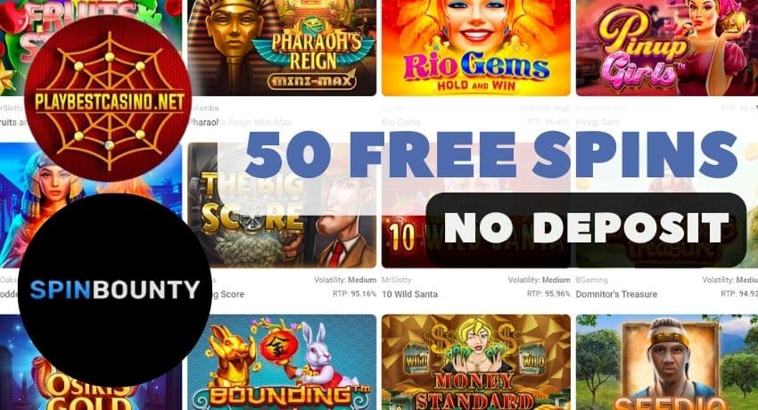 Как получить 50 бесплатных вращений в казино Spinbounty на фото.