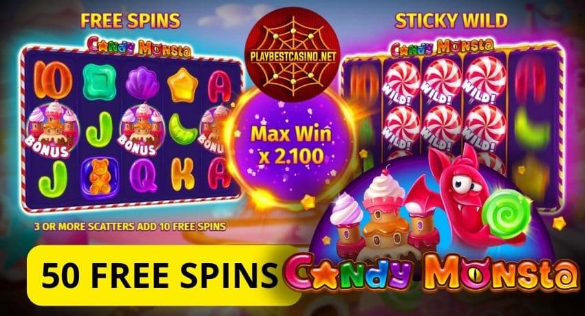 Скриншот игрового слота Candy Monstra с накладкой, рекламирующей 50 бесплатных вращений без депозита для новых игроков, от провайдера BGaming на фото.