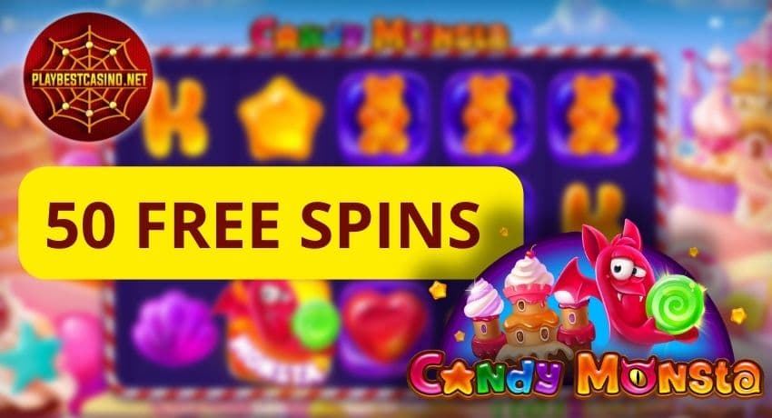 Candy Monstra slot with colorful candy icons where new players can get 50 free spins no deposit on photo.