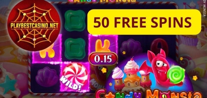 Крупный выигрыш игрока в слот-игре Candy Monstra на фоне пейзажей с конфетами и акцией 50 бесплатных вращений без депозита на фото.