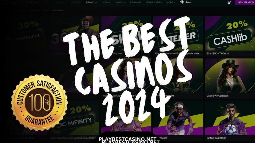 Na fotografiji je prikazan natpis Best Online Casino 2024 na pozadini automata.
