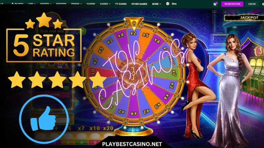 اس تصویر میں خوش قسمتی کا پہیہ، خوبصورت لڑکیاں اور لکھا ہوا "Top Casinos 2024" نظر آ رہا ہے۔